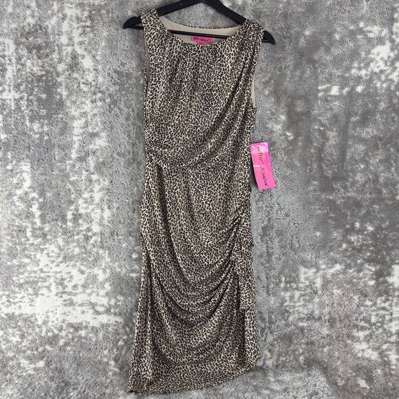 Betsey Johnson Sz 12 Leopard Animal Print Ruched Midi Dress Cheetah Bodycon NWT - Picture 1 of 9